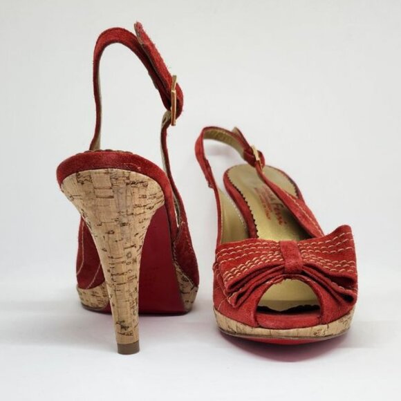 Laura Ferri Women's Red Coral Leather Slingback Sandal W/Corked Heel Size 38 - Picture 3 of 9